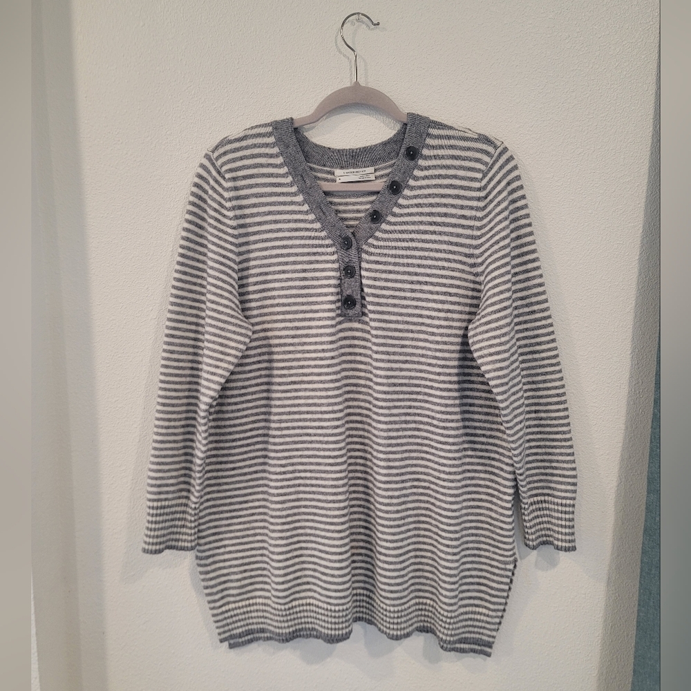 By Anthropologie Serena Gray Striped V Neck Sweater with Button Detail